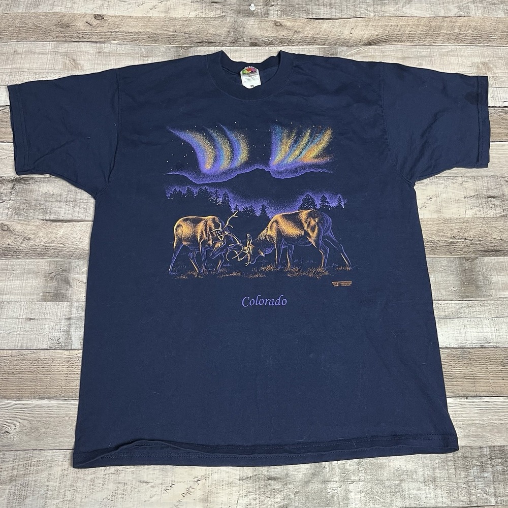 Colorado Shirt Size Large Blue Vintage Nature Tee Deer Aurora Borealis